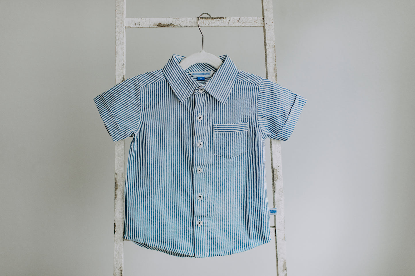 Blue Seersucker Short Sleeve Button Down Shirt