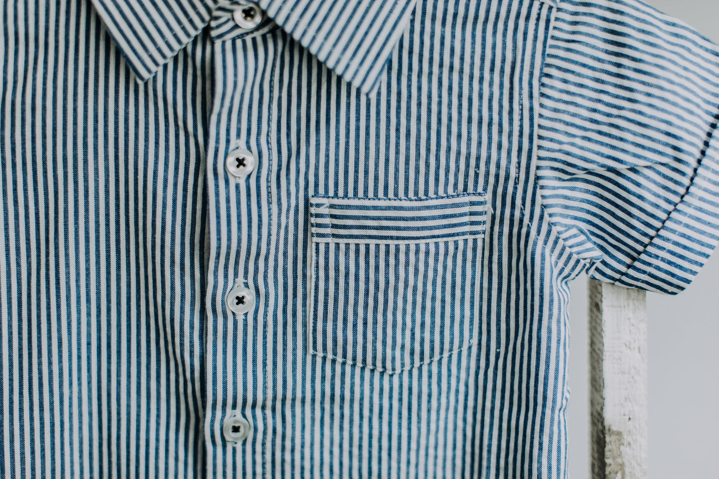 Blue Seersucker Short Sleeve Button Down Shirt