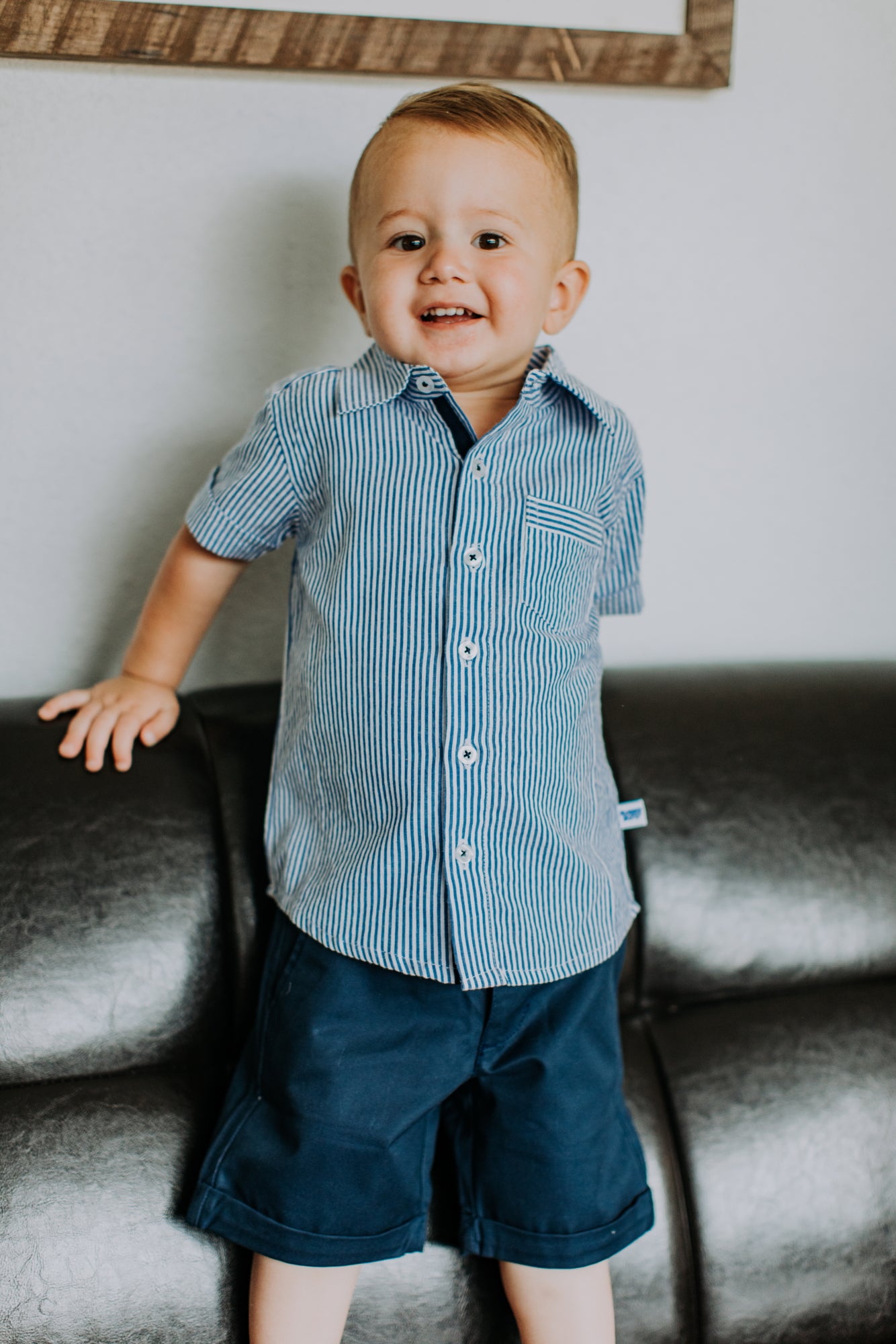 Blue Seersucker Short Sleeve Button Down Shirt