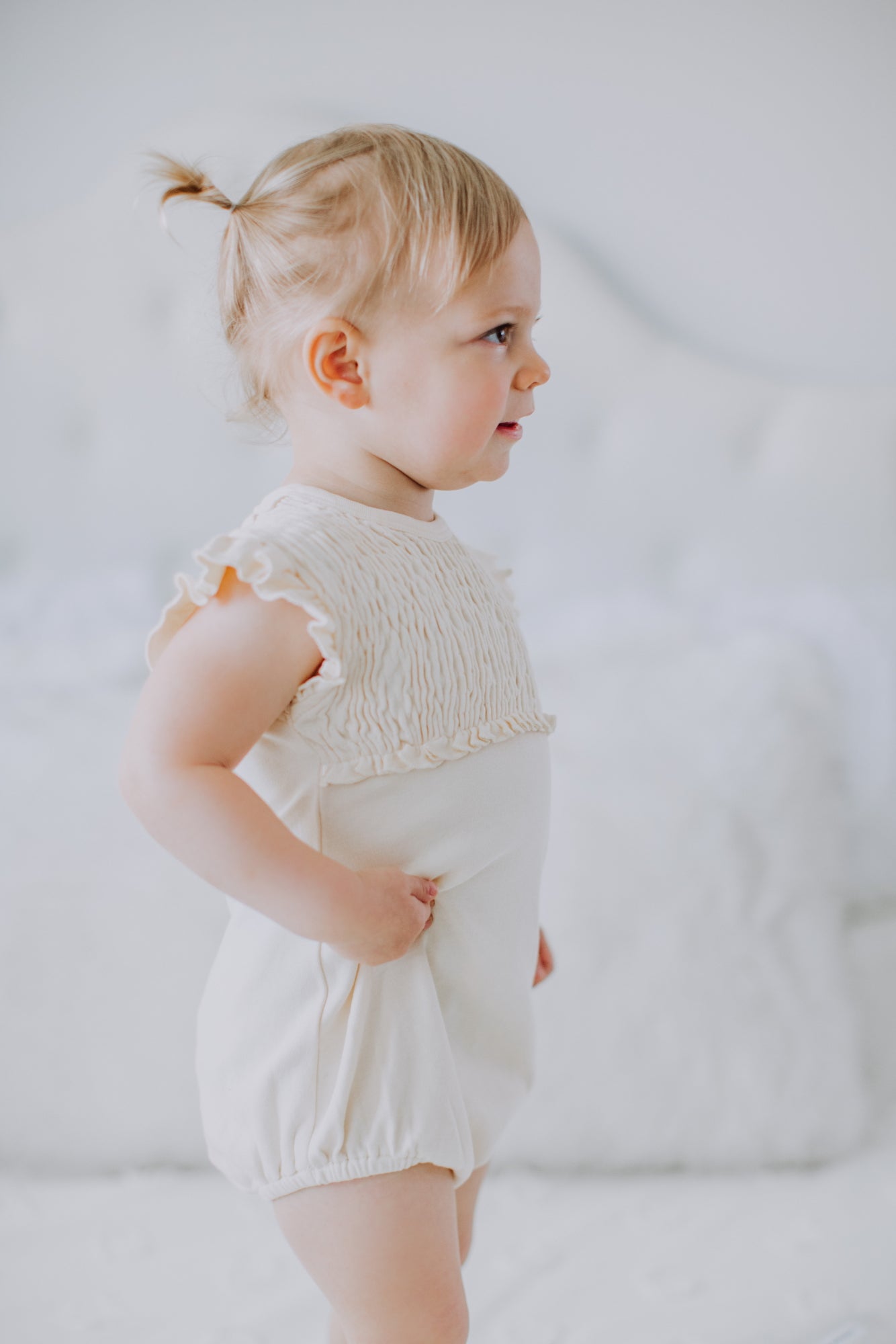 Smocked Short Sleeve Bodysuit - Beige