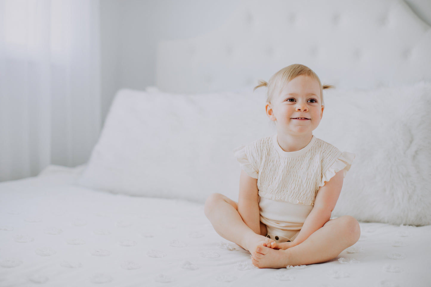 Smocked Short Sleeve Bodysuit - Beige