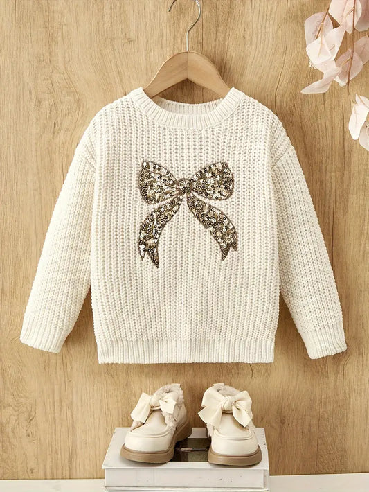 Bow Sequin Knit Sweater | Ivory White