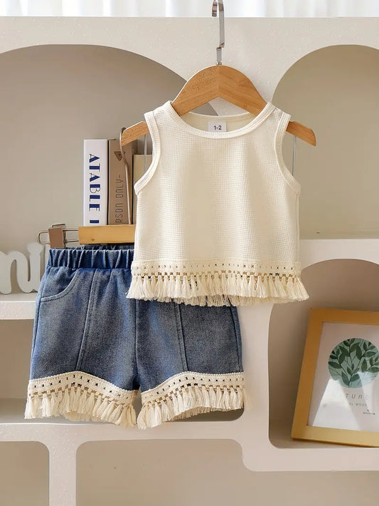 Girls Fringe Top and Denim Short Set