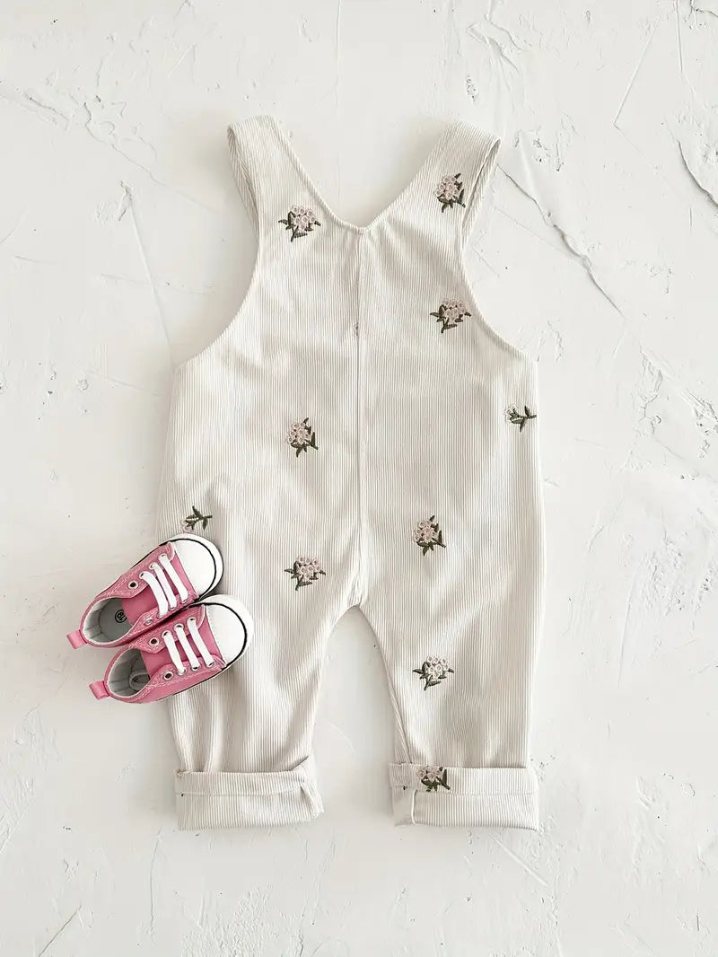 Floral Embroidered Overall Pants | Milky White