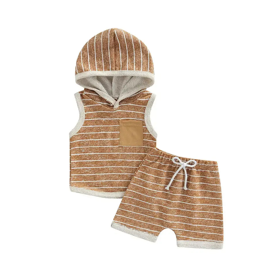 Unisex Hood Tank and Shorts Set- Tan Stripe