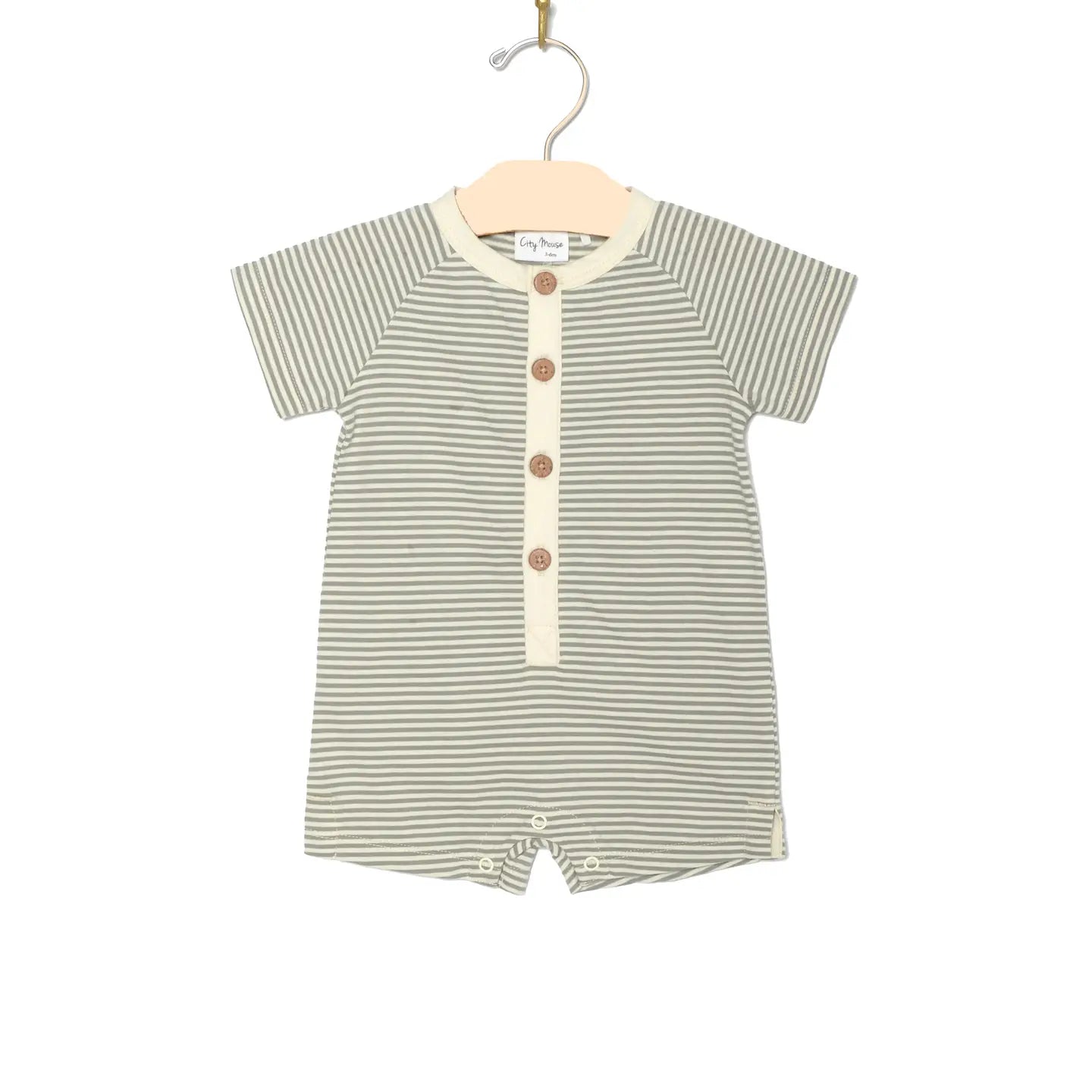 Short Sleeve Button Romper | Steel Stripe