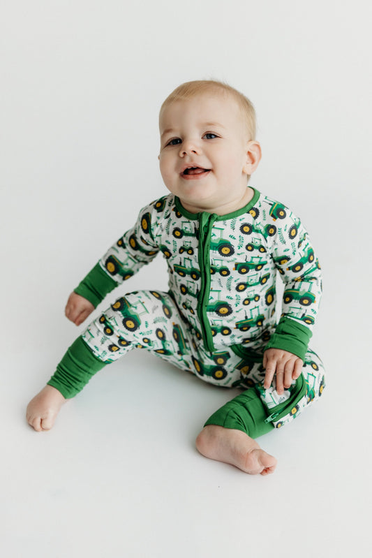 Green Tractor Zippered Footie