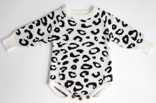 White & Black Leopard Print Knit Bodysuit Sweater