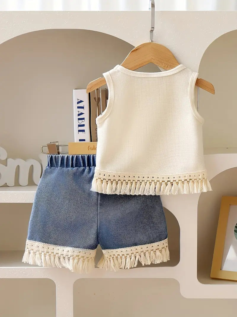 Girls Fringe Top and Denim Short Set