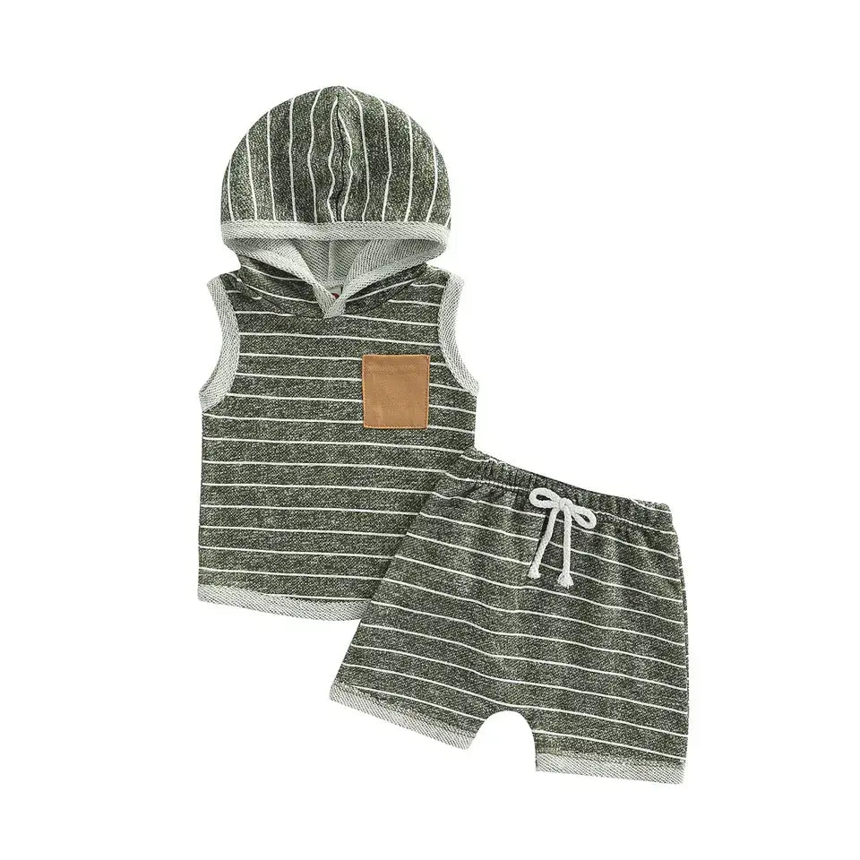 Unisex Hood Tank and Shorts Set- Green Stripe