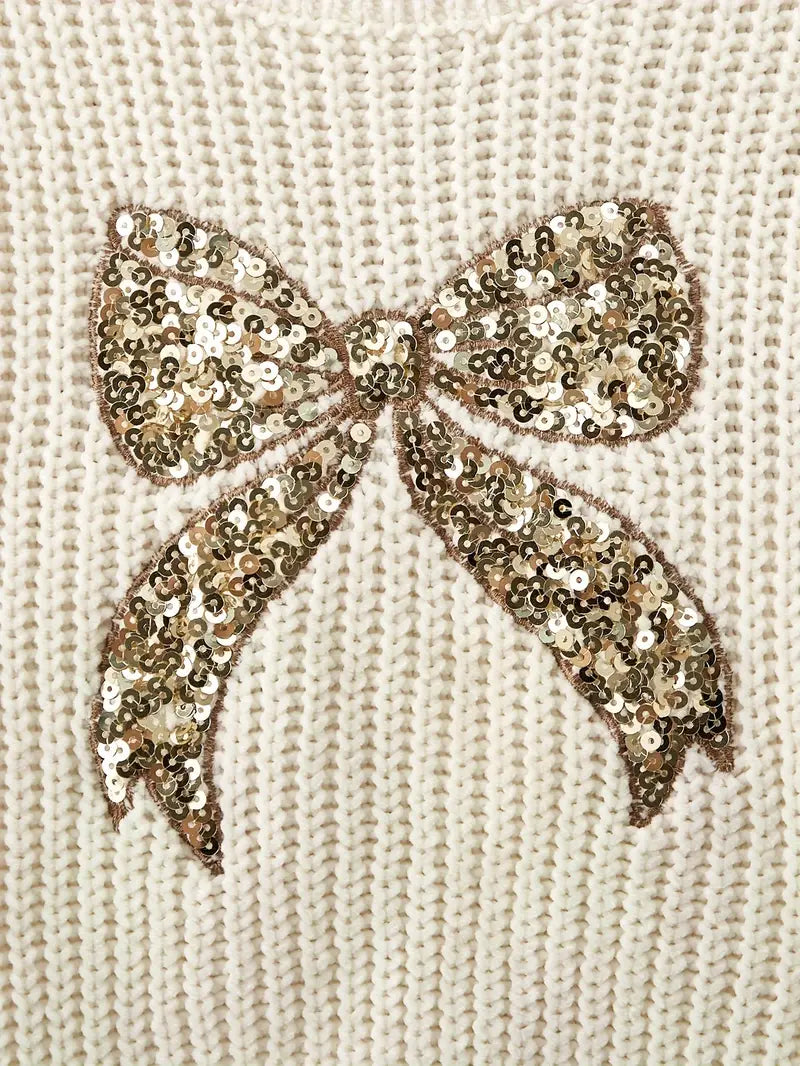 Bow Sequin Knit Sweater | Ivory White