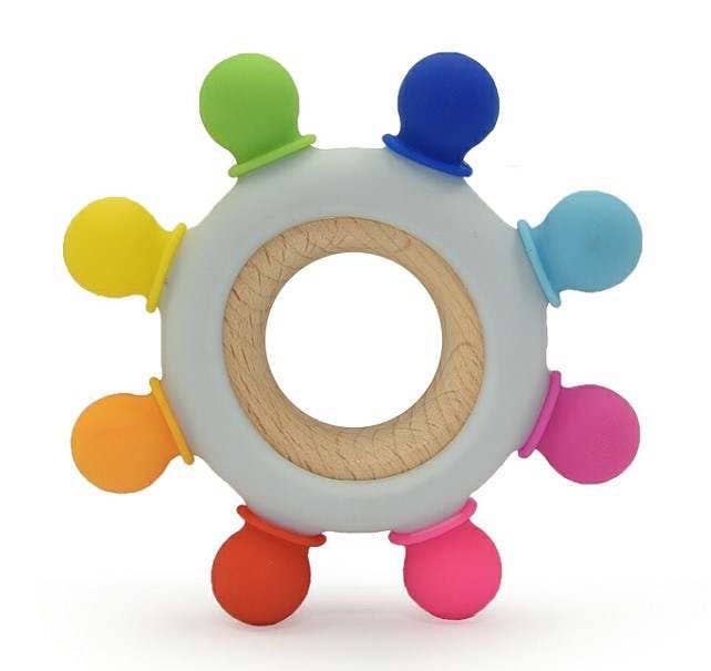 Silicone/ Wood Teether- Bright Rainbow