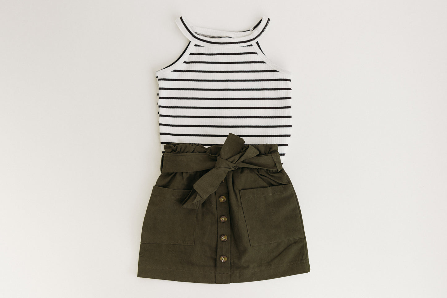 Stripe Top and Pocket Skirt Set Army Green