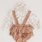 Floral Print Ruffle Long Sleeve and Suspender Skirt + Bow Set 3 Piece Set Beige