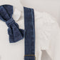 Suspender Skirt & Ruffle Long Sleeve Top with Bow | Denim/White