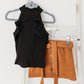 Halter Top with Button Belted Skirt Set | Black/Caramel
