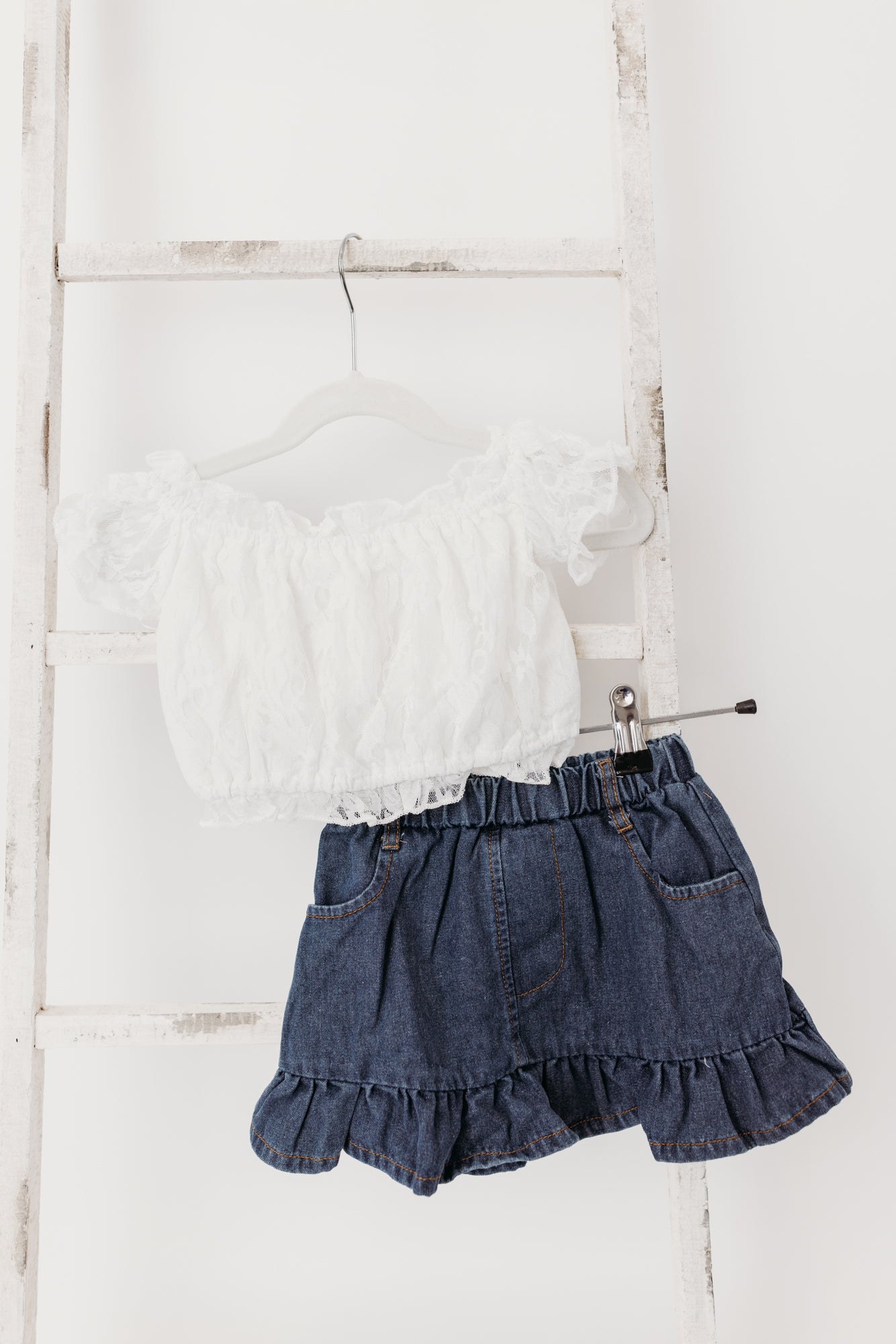 Denim Skirt & White Lace Off Shoulder Top 2-Piece Set