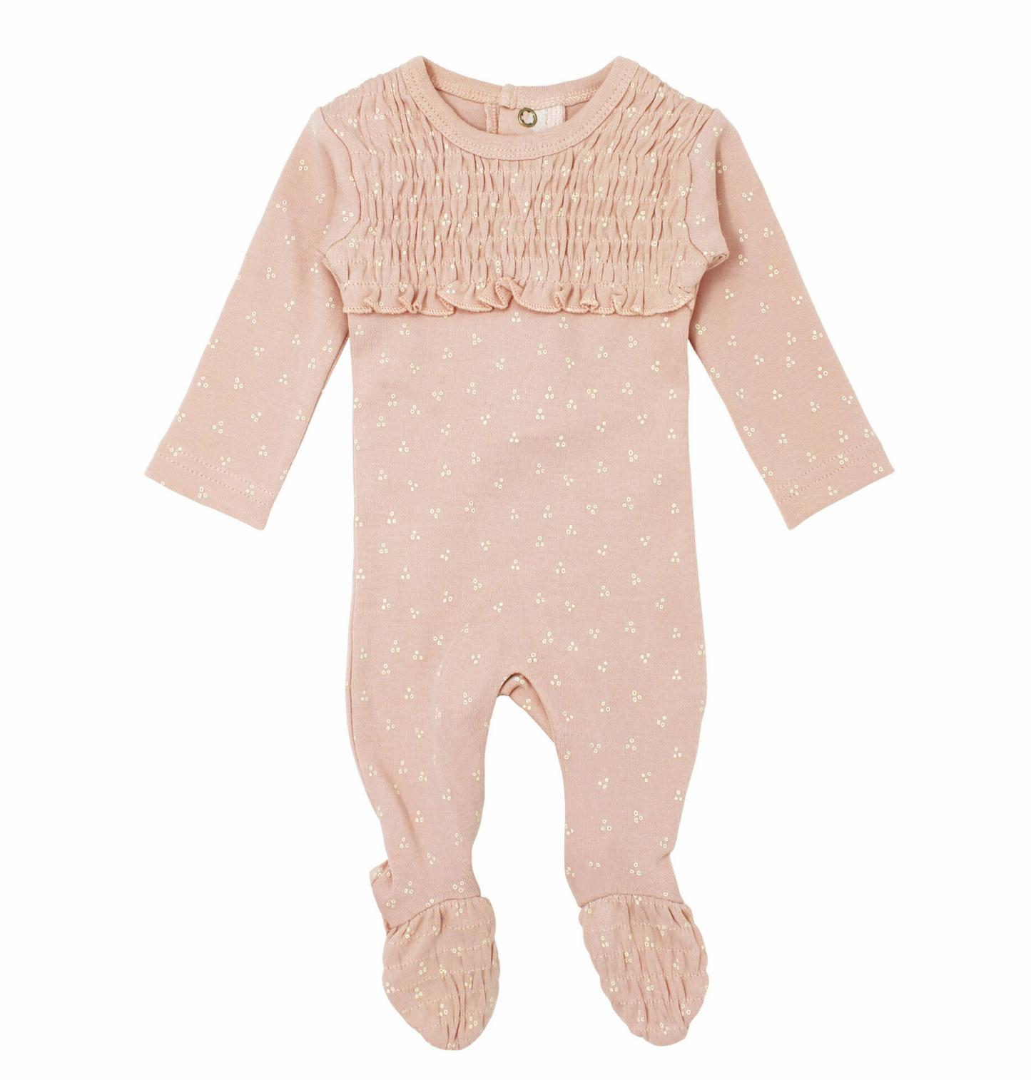 Organic Smocked Baby Footie in Rosewater Dots